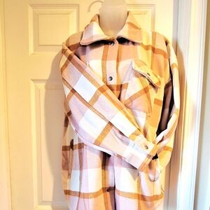 NEW -Fornia Los Angeles Women's Pink Camel Plaid Shacket (shirt-jacket hybrid)